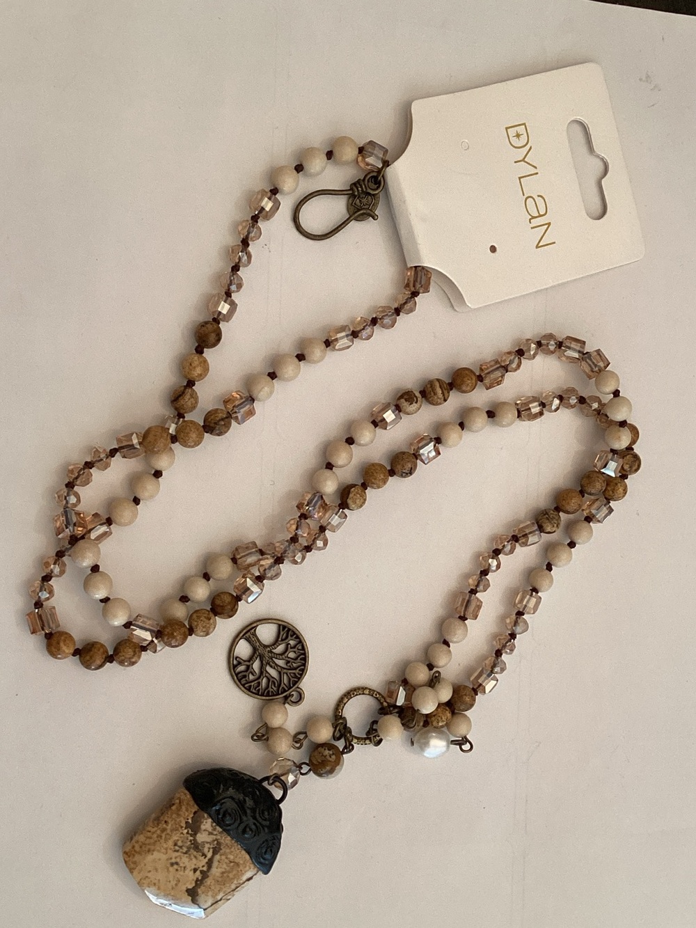 dylan Brown & Cream Beaded Pendant Necklace with Tree Charm
